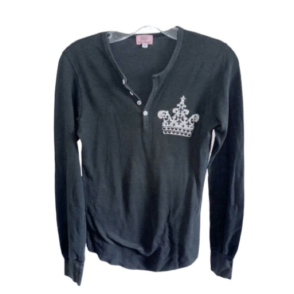 Yvette Mandell Black Crown Henley Sz Small Embellished Rhinestones Thermal - Picture 1 of 7